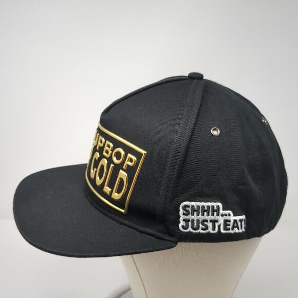 Eat Cupbop Poop Gold Snapback 5 Panel Cap Black One Size Adjustable Vented Holes - Picture 3 of 9